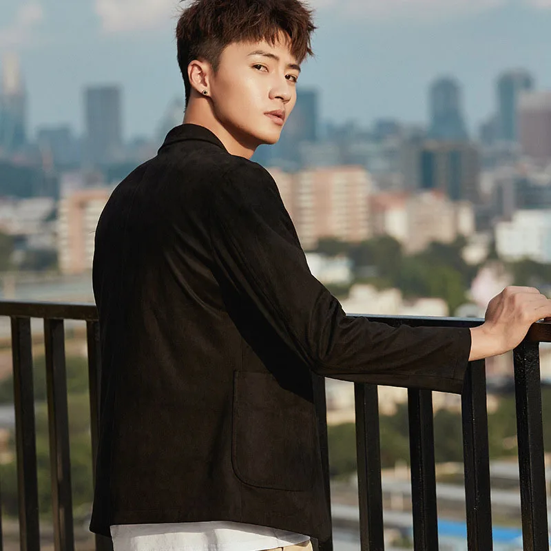 Spring Autumn Solid Men Blazers Suede Khaki Black Slim Fit Blazer Jacket Male Fashion Street Casual Suit Costume Regular Coat Spring Autumn Solid Men Blazers Suede Khaki Black Slim Fit Blazer Jacket Male Fashion Street Casual Suit Costume Regular Coat