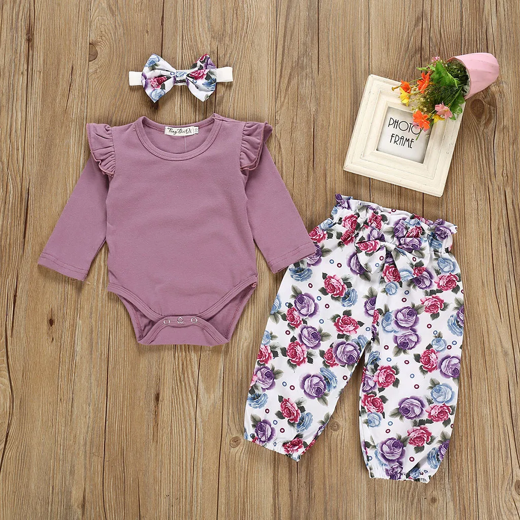 

Infant Baby Girls Ruffles Solid Romper Bodysuit+Floral Pants+Headband Outfits Children's Sets Children's suit Fashion New