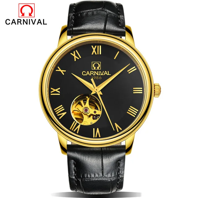 KARNEVAL myanner Mechanische Uhr GroE Dial luxusmarkengeschyaft mjanner Leder Uhren Uhr Armbanduhren Relogio Masculino Reloj - Цвет: Gold black