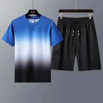 

Men Track Suit 2 Piece Set Elastic Waist Pockets O-Neck Sweat Suit Polyester 2020 Short Casual Summer New Streetwear Clothes