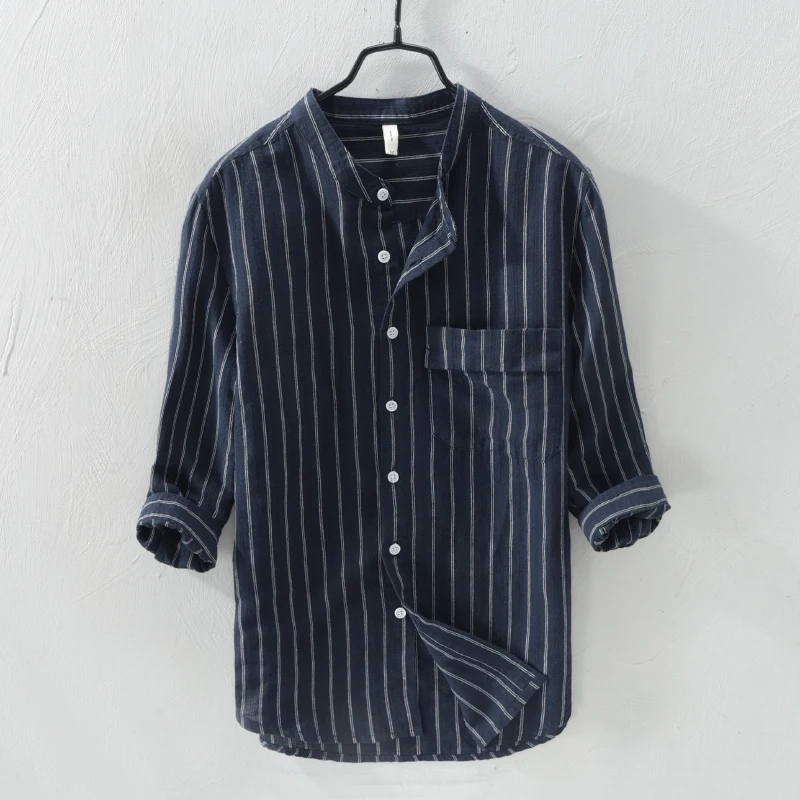 

New stripes brand shirt men linen stand collar pocket style shirt mens M-3XL flax shirts male casual fashion shirts chemise