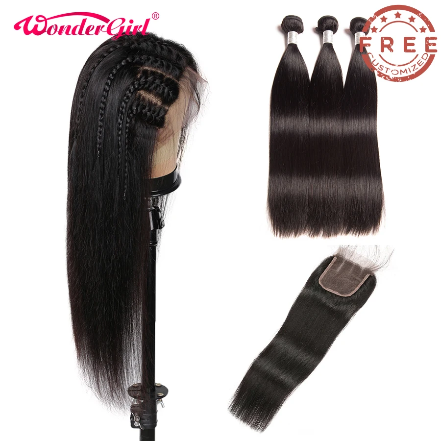 

Free Customized Straight 4*4 Lace Closure Wig 300 Density By Brazilian Remy Straight Human Hair Bundles With Closure No Tangle