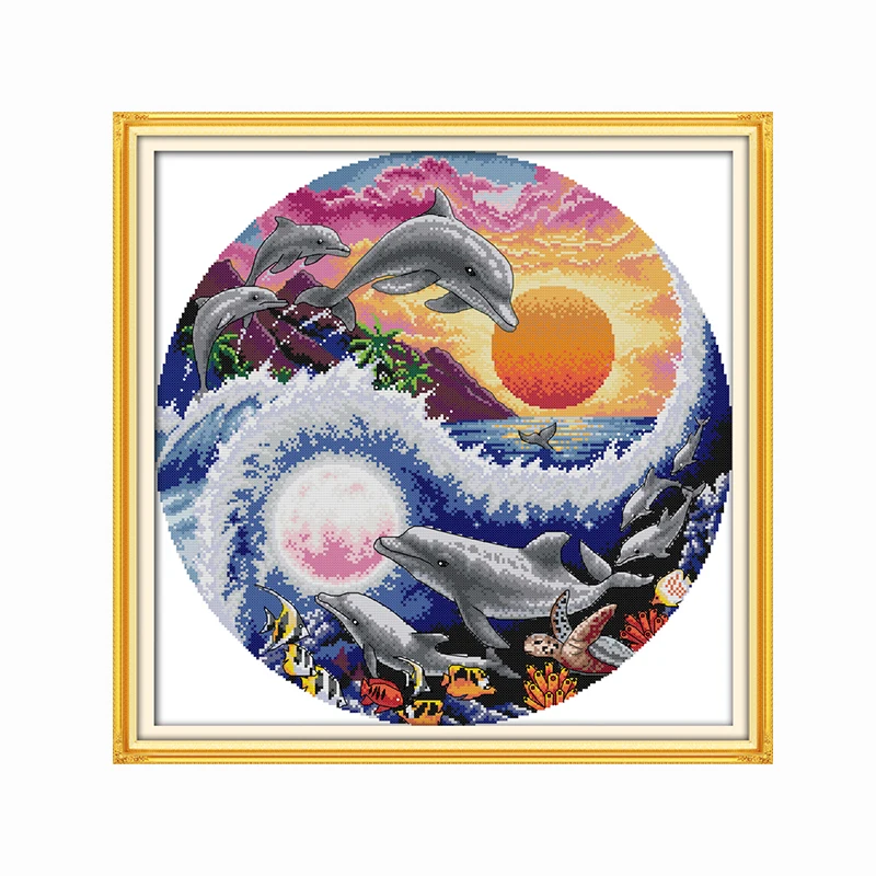 Joy Sunday Moon и dolphins вышивка крестиком 11CT 14CT DIY наборы для вышивки крестиком декорации DMC Вышивка Рукоделие украшение подарок