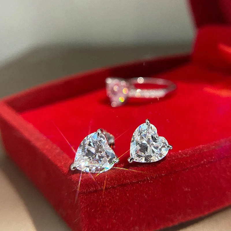 OEVAS 925 Sterling Silver 7*7mm Heart High Carbon Diamond Gemstone Wedding Engagement Ear Studs Earrings Fine Jewelry Wholesale