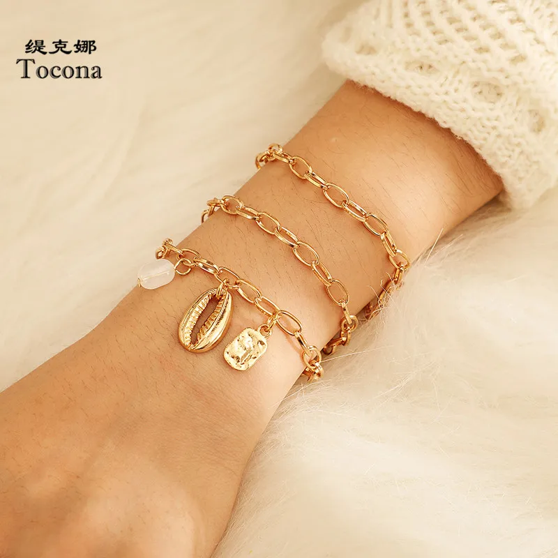 

Tocona 3pcs/sets Chain Bracelets for Women Gold Color Summer Shell White Opal Stone Geometry Bangle Jewelry Accessories 8255