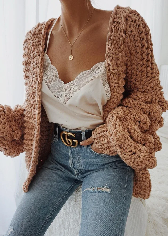 

Sexy Womens Multicolor Knitted Sweater Winter Crocheted Lantern Sleeve Open Stitch Cardigans Female Fashion Sueter Mujer D570