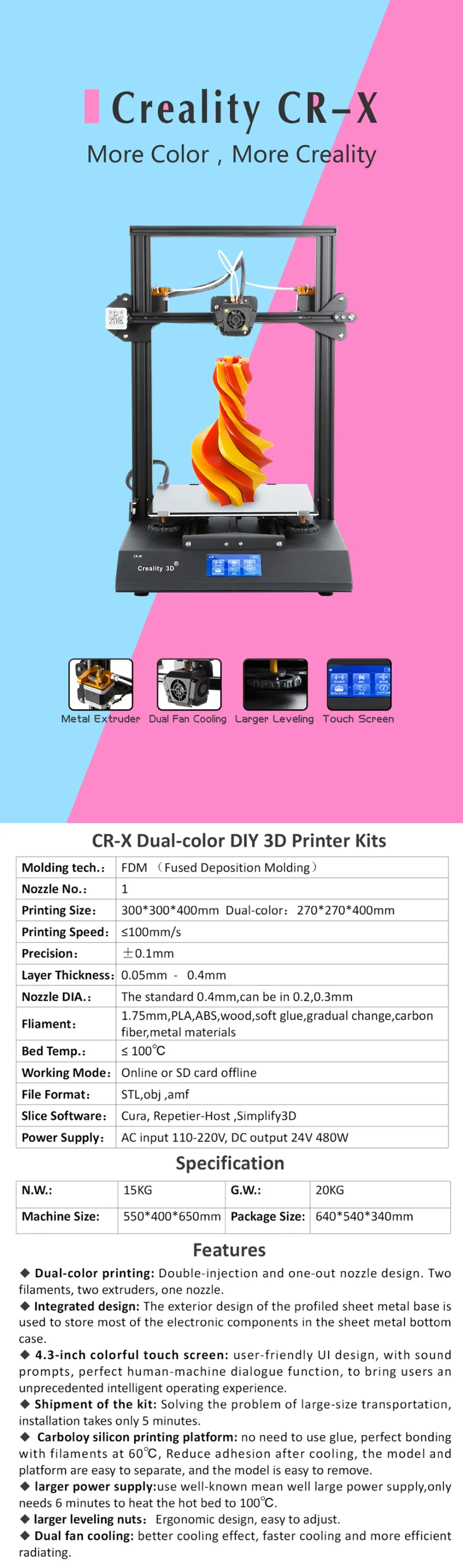 Creality новейший CR-X Двухцветные наборы для 3d принтера DIY интегрированный дизайн большие нивелирующие гайки двойной вентилятор охлаждения