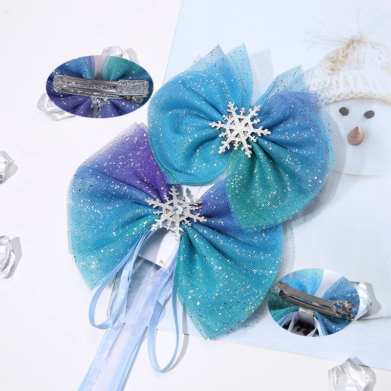 Princess Snowflake Hair Bows Blue Starry Mesh Hair Clips Bows Magic wand Christmas Gift Cosplay Party Dance Kid Hair Accessories