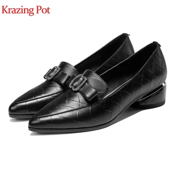 

Krazing pot 2019 fashion cow leather pointed toe elegant women brand butterfly-knot gingham prints med heels autumn pumps L63