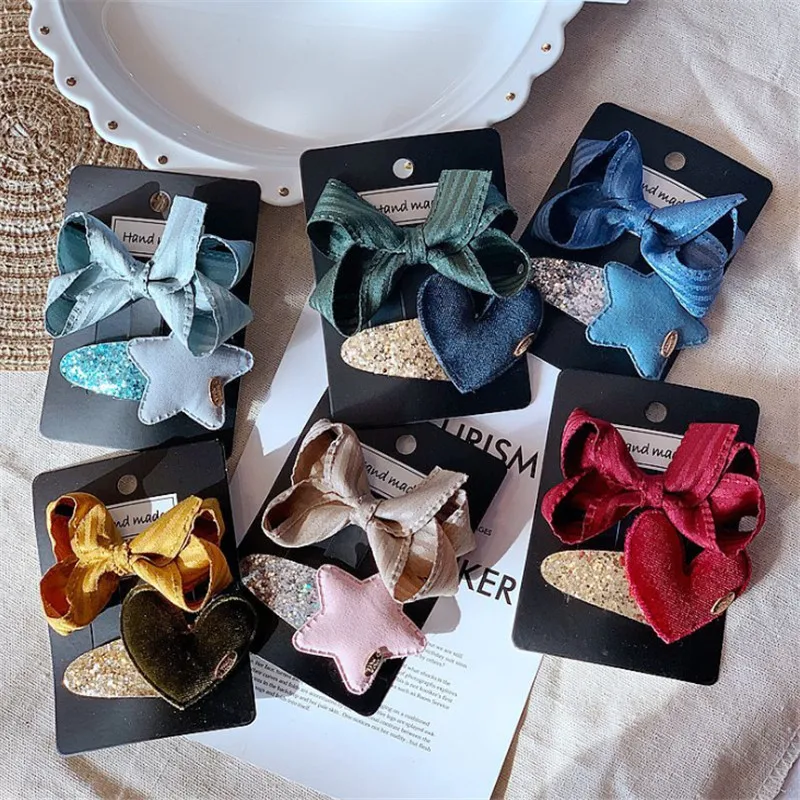 10set/lot Soft Cloth Hair Bows for Girls Princess Velvet Heart Clips Colorful Kids Pins Fashion Accessories |