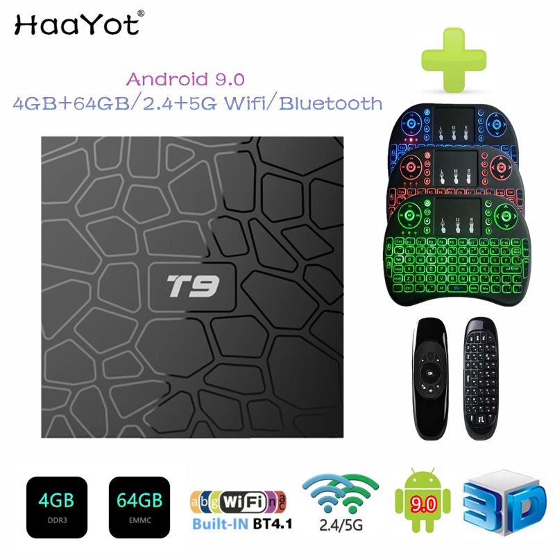 HAAYOT T9 4 Гб 64 приставка RK3328 четырехъядерный Смарт Android 9 0 ТВ Bluetooth H2.65 4K 2 ГГц/5 ГГц wifi