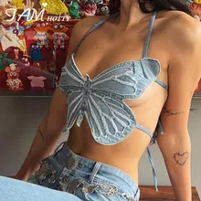 

IAMHOTTY Y2K Butterfly Camis Women Harajuku Lace Up Bandage Sexy Denim Corset Beach Party Retro Vest Backless Jean Crop Top 90s