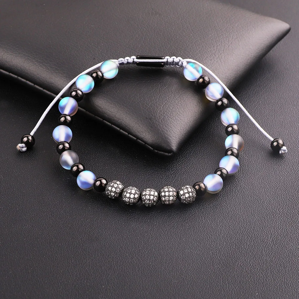 JARAVVI New Design Luxury CZ Pave Ball AB Grey Color Flash Glass Moonstone Stainless Steel Beads Macrame Bracelet Women - Image 5