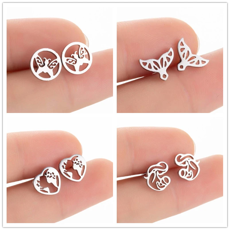 

Oly2u 2019 New Fashion Stainless Steel Mermaid Tail Small Stud Earrings Cute Silver Color Butterfly Map Earings Kolczyki