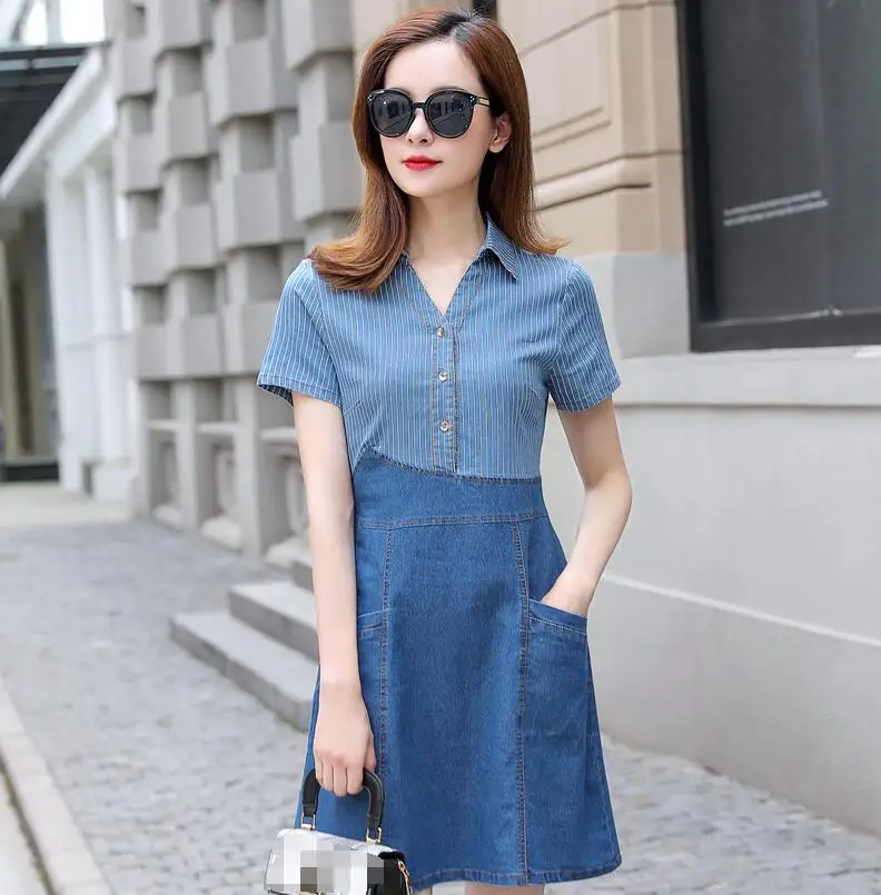 

Women Dresses Summer Sexy Fashion V-Neck Striped Patchwork Mini Denim Dress Female Casual Short Sleeve A Line Short Dress