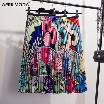 

High Elasticity Pleated Skirts 2019 Spring Animal Vintage Cartoon Print Asymmetrical Patchwork Casual Loose Skirt Active Wear