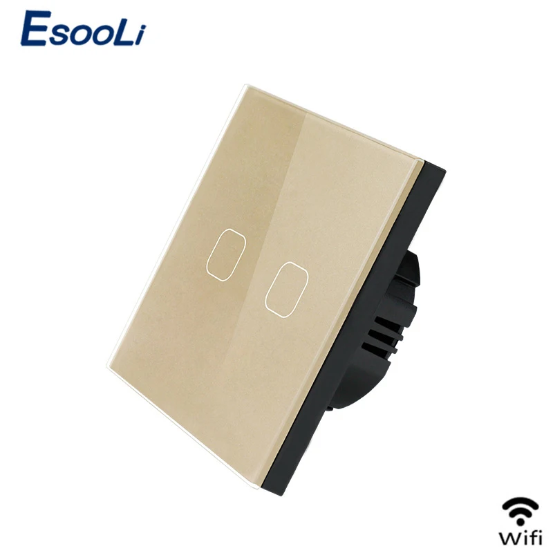 WiFi Gold 2 gang Esooli EU/UK wifi умный сенсорный выключатель приложение Беспроводной Выключатель света настенный выключатель Хрустальная стеклянная панель работает с Alexa/Google Home - Цвет: WiFi Gold 2 gang