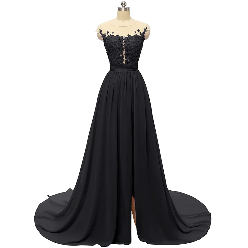 Robe De Soiree Формальное длинное вечернее платье для выпускного бала без рукавов с открытой спиной сексуальное шифоновое кружевное женское платье для свадьбы Вечерние - Цвет: Черный