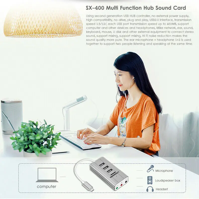 Type C usb хаб внешняя звуковая карта AUX Mic гарнитура TF SD адаптер для ноутбука