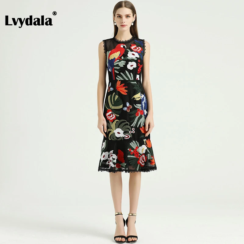 Lvydala, модное дизайнерское платье, весна-лето, женское платье, Зеленый лист, цветы, Бабочка, попугай, вышивка, платье русалки