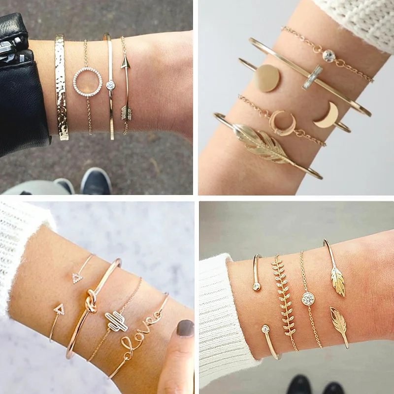 Conjunto De Pulsera Abierta Clásico Cadena de Pulsera Multicapa nudo de Flecha Ajustable Brazaletes