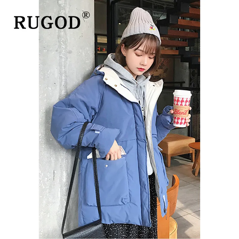 RUGOD, корейский стиль, женский пуховик,, на молнии и карманах, однотонный, большие размеры, зимние куртки, одежда в стиле кэжуал