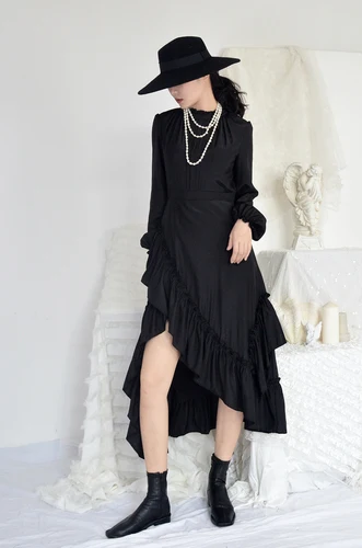 black DMY1175 XITAO Pleated Irregular Dress Women Fashion New Autumn High Waist Cascading Ruffle Full Sleeve Minority Dress DMY1175 - Цвет: black DMY1175