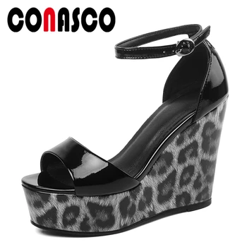 

CONASCO Summer Fashion Sexy Women Sandals Pumps Genuine Leather Ankle Strap Wedges Heels Leopard Platforms Casual Shoes Woman