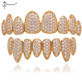 

Iced Out Grillz Vampire Fangs Grillz Top Bottom Gold Teeth Hip Hop Tooth Caps CZ Crystal Bling Grillz For Men Rapper Jewelry New