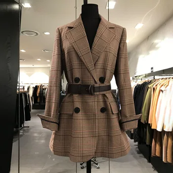 

High quality plus size women's XL-5XL temperament office female suit jacket 2020 new autumn and winter belt plaid ladies blazer