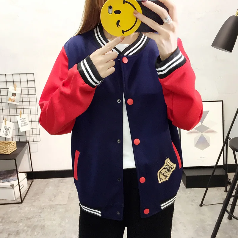 

2019 Spring New Style Contrast Color Stand Collar Large Size Cropped Jacket Students Sports Business Attire Jacket Cardigan WOME