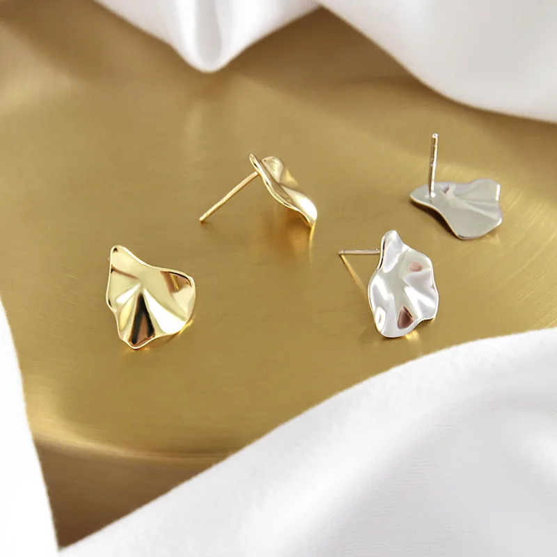 Gold Color 925 Sterling Silver Irregular Concave-convex Leaf Style Small Stud Earrings for Women Sterling Silver Jewelry