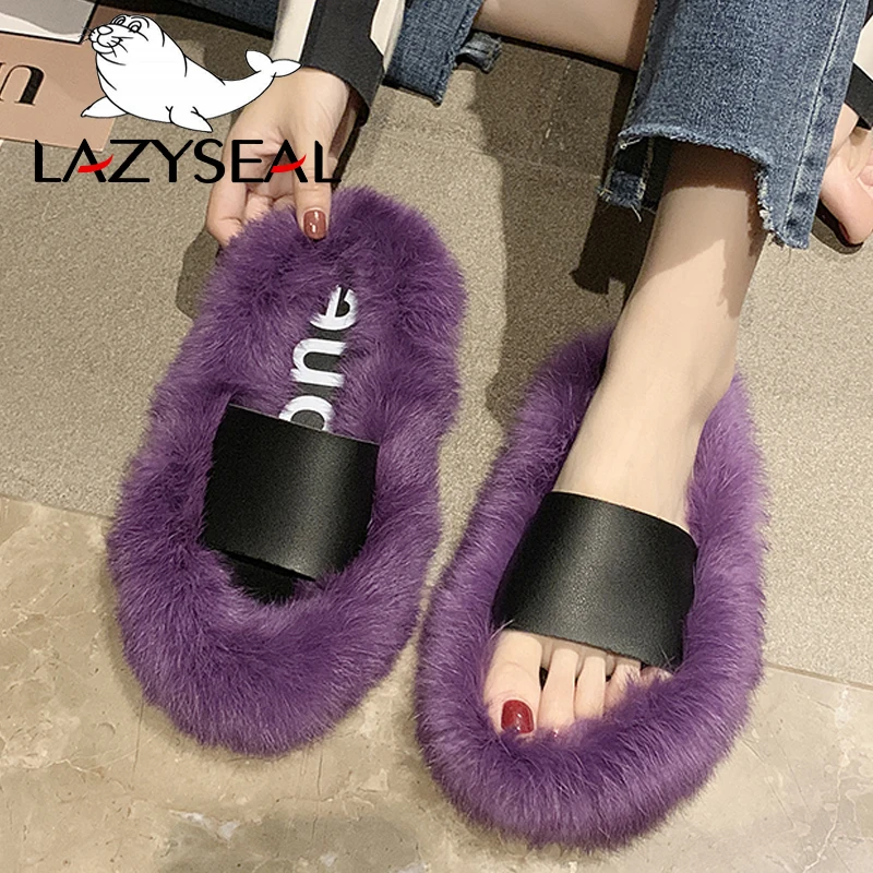 LazySeal натуральный тапочки их меха под кролика Для женщин обувь Комнатные Меховые