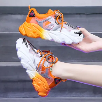 

Women Chunky Platform Sneakers Fashion Lace Up Orange Old Dad Shoes Woman Mesh Breathable Basket Female Casual Shoes Comfortable