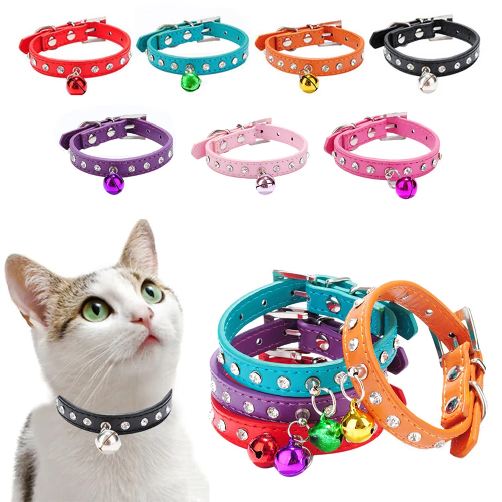 

Leather Small Dog Collars Rhinestone Collars For Dogs With Bell Puppy Teddy Kitten Dog Supplies Cat Dog Accessories Cat Collars