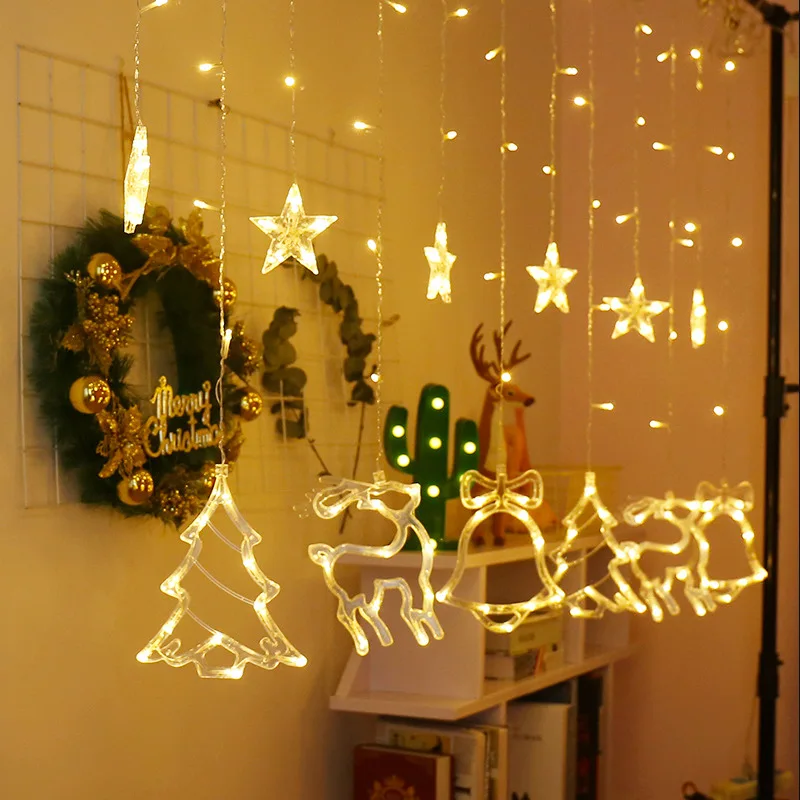 Светодиодная гирлянда, световая завеса гирлянда, Рождественская светящаяся гирлянда, подвесные светильники, Рождественские огни, домашние леггинсы с изображением елок, звезда