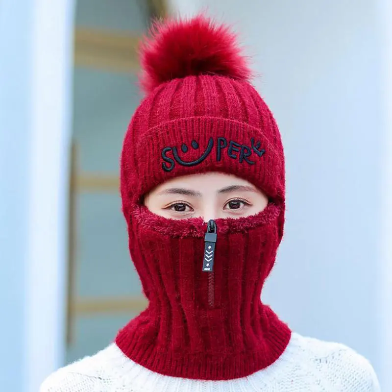 Зимние женские шапки Skullies Beanies Embriodery с буквами смайлик шапки на молнии украшения Gorror меховые шапки с помпонами