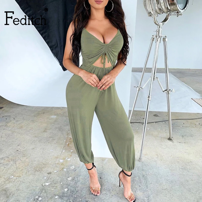 

Feditch Sexy Rompers Womens Jumpsuit 2019 V Neck Spaghetti Strap Long Playsuit Hollow Elegant Backless Drawstring Overalls