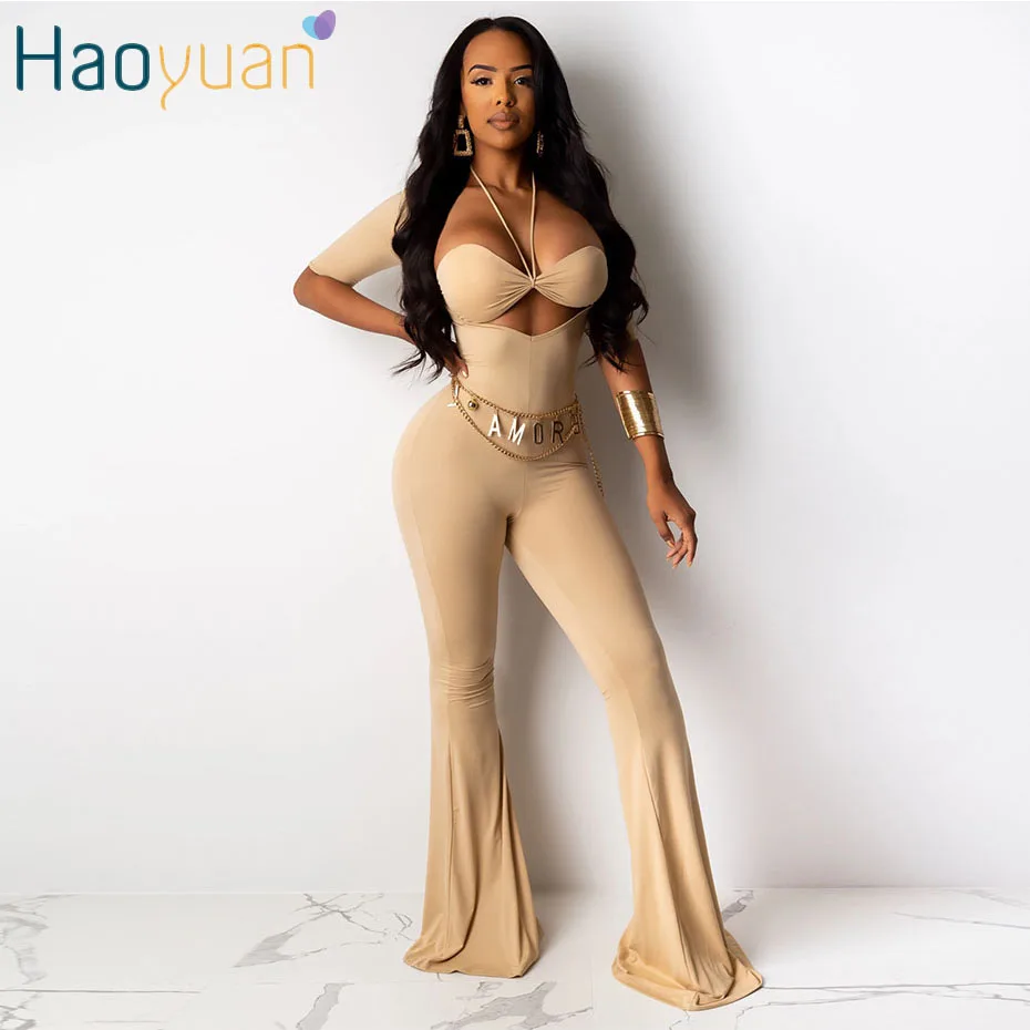 

HAOYUAN Sexy Women Two Piece Set Halter Crop Top and Flare Pants Jumpsuit 2 Piece Outfits Matching Sets 2019 Fall Clothing