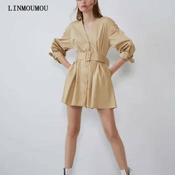 

Elegant solid color ladies dress three-point sleeve V-neck single-breasted belt dress dress bow mini dress