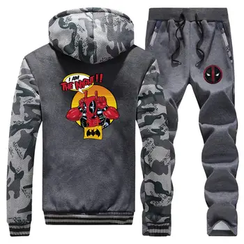 

Men Sportswear Sets Marvel Deadpool print 2019 Men Outerwear + Sweatpants 2 Piece Set Winter Hooded Thick Male Casual Tracksuits