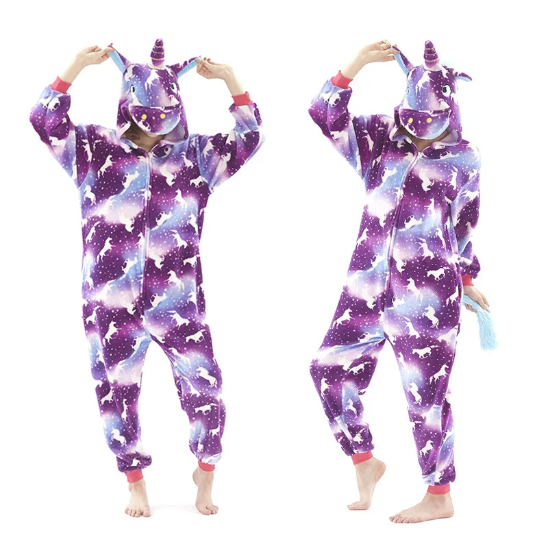 Пижама с единорогом для взрослых, с рисунком животных, кигуруми, для женщин и мужчин, зимняя унисекс из фланели, стежка, пижамы, unicornio Panda, одежда для сна кингуруми пижама женская - Цвет: Purple night