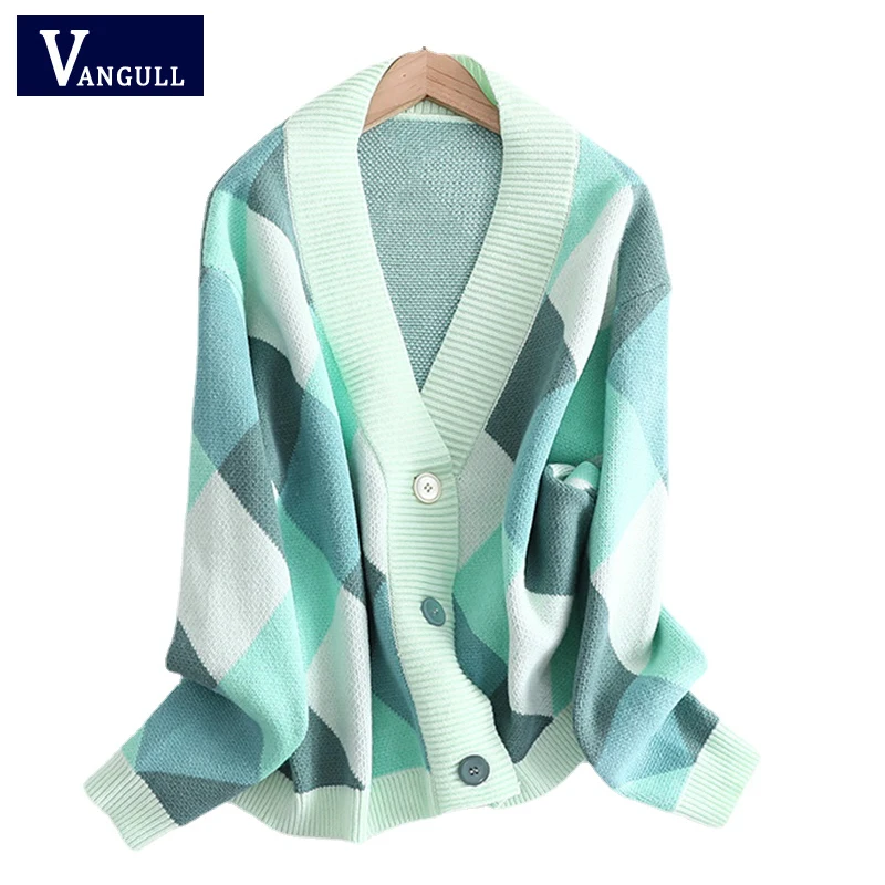 

Vangull Winter Fashion V-neck Knitted Female Cardigan Argyle Plaid Single Breasted Women Sweater coat Loose Over size Cardigans