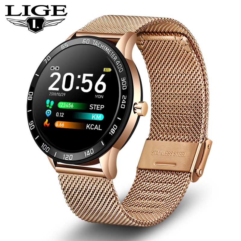 LIGE спортивные Смарт-часы для мужчин, умные фитнес-часы, пульсометр, измеритель артериального давления, шагомер для Android ios, активные Смарт-часы - Цвет: Gold
