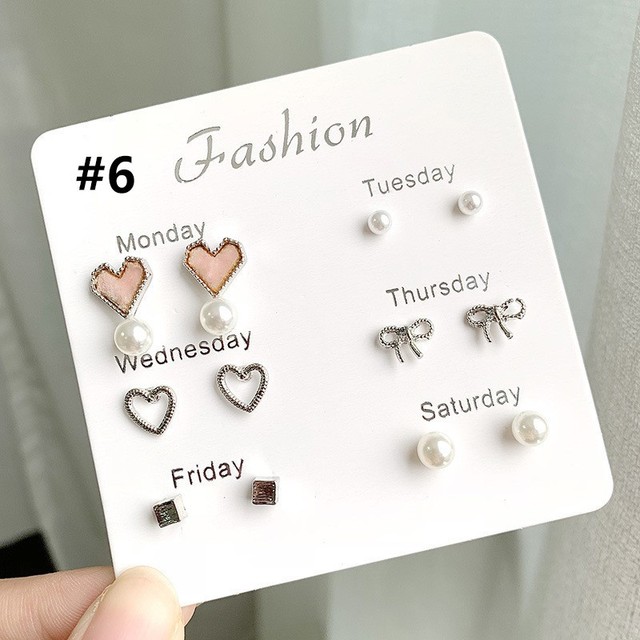 Pairs Week Days Choices Stud Earrings For Women 2021 Trend Fashion Simple Korean Ear Studs Pearl Crystal One Week Earring Set