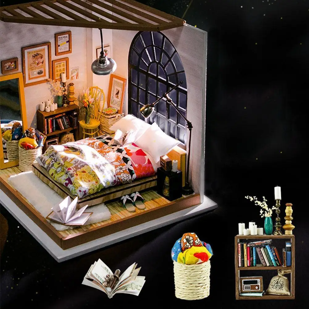

Cartoon Bedroom Cottage Manual Assembly Miniature Dollhouse Dollhouse Dust Gift Cover Cardboard Diy with For Girls Kit D1G4
