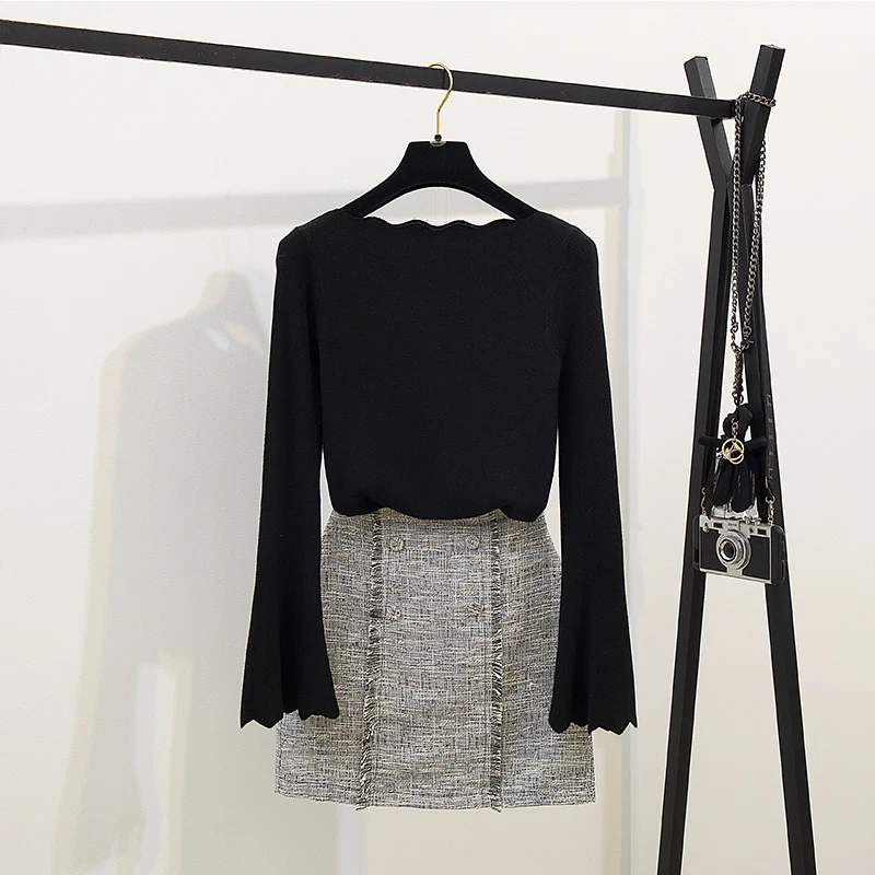 

2019 Fall And Winter Horn Sleeve Round Collar Knitting Basic Sweater & A Word Skirt 2 Pcs Clothing Set Outfit Women Knitwear