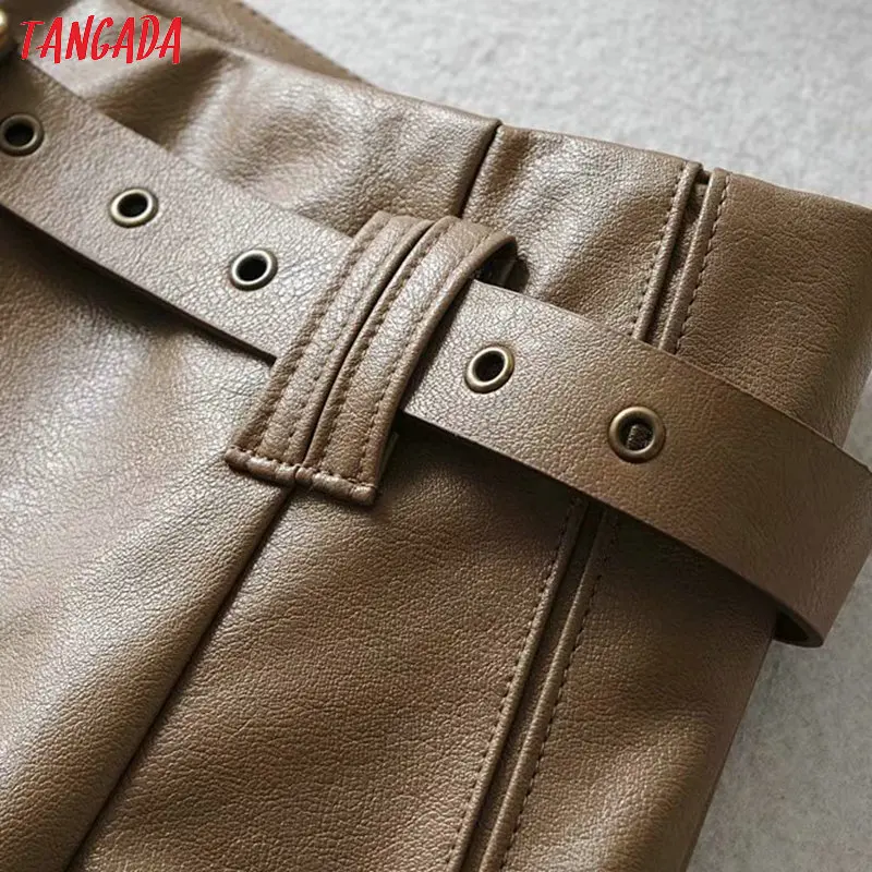 Tangada женские коричневые шорты из искусственной кожи с поясом на молнии женские повседневные шорты с высокой талией 1Y07