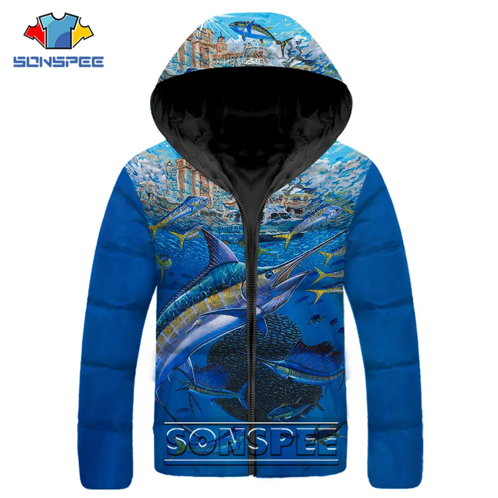 Sailfish Fishing Casual Parkas 3D Print Deep Sea Creatures Coat Winter Men Women Fashion Zipper Hooded Warm Thick Puffer Jacket