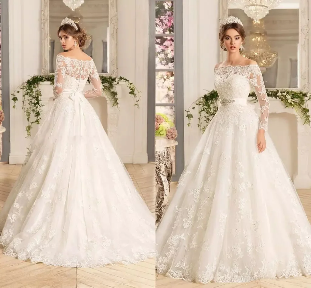 『Cheap!!!』- Custom Long Sleeves Lace Appliques A Line Wedding Dresses
Bridal Gowns 2021 with Beads Sash Sweep Train Tulle Plus Size Bride